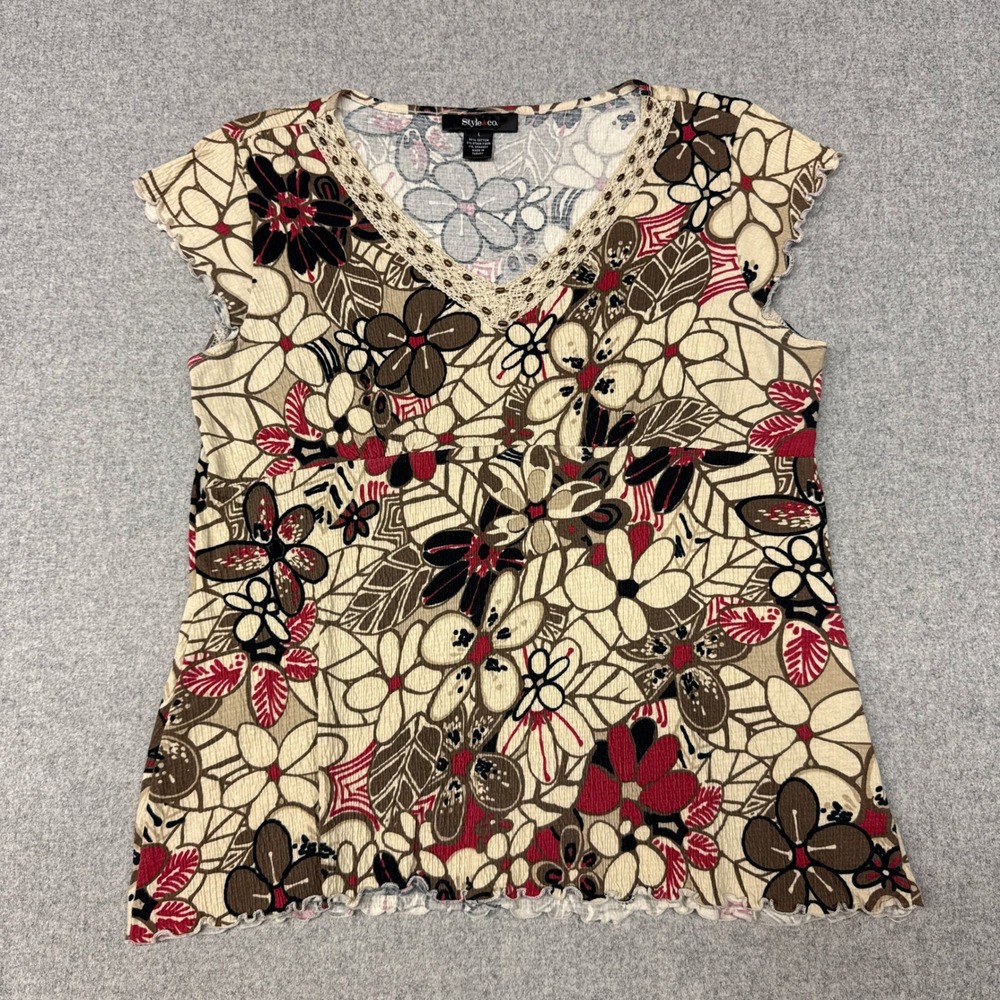 Style & Co Floral Top L Multicolor V-Neck Crochet Lace Beaded Cap Sleeve Blouse